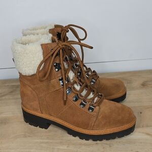 Marc Fisher Boots Isabel Leather Lug Sole Lace Up Brown Suede Shearling Cuff 7.5